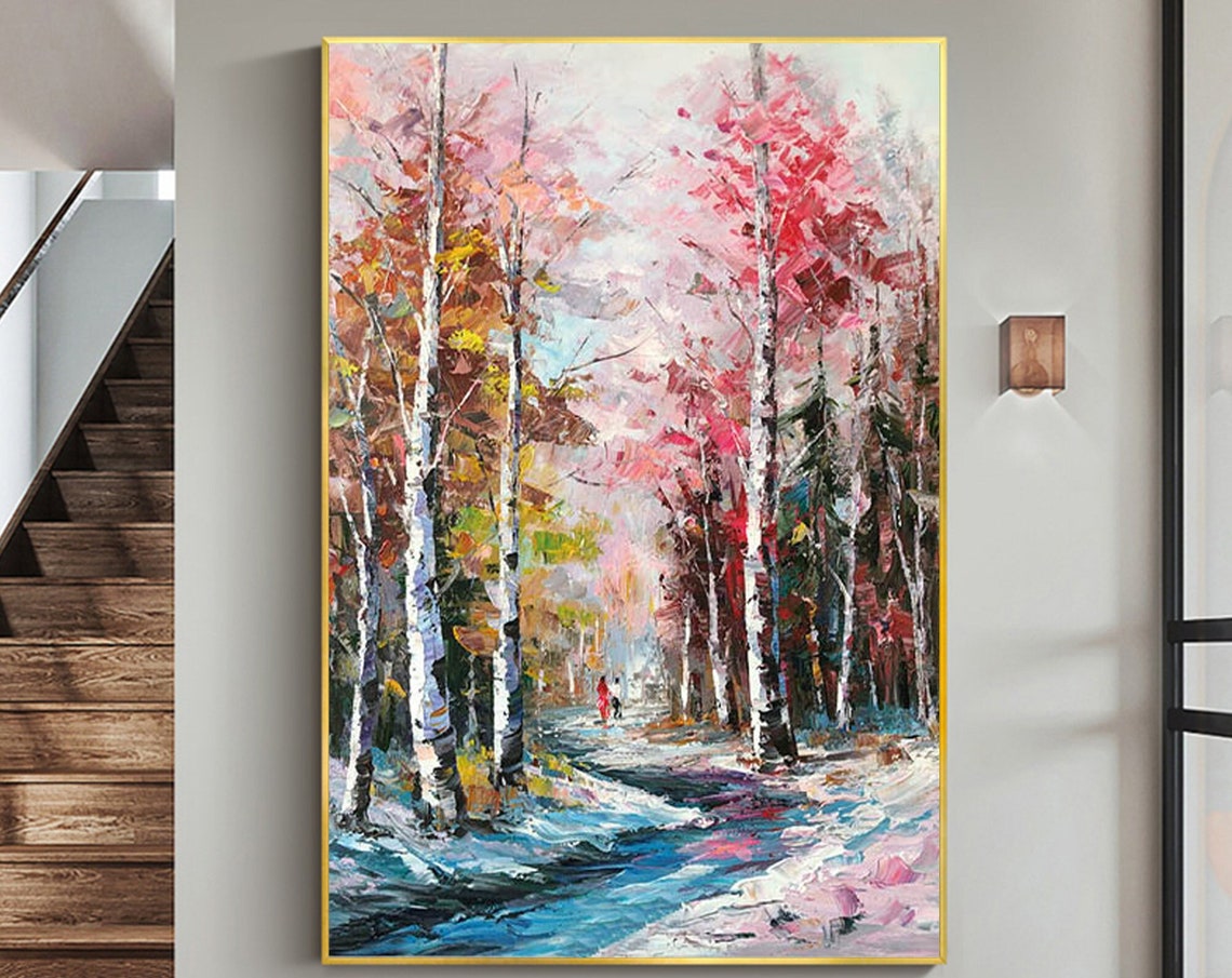 Pink Birch Forest Stream Vertical Autumn Landscape Painting Poster