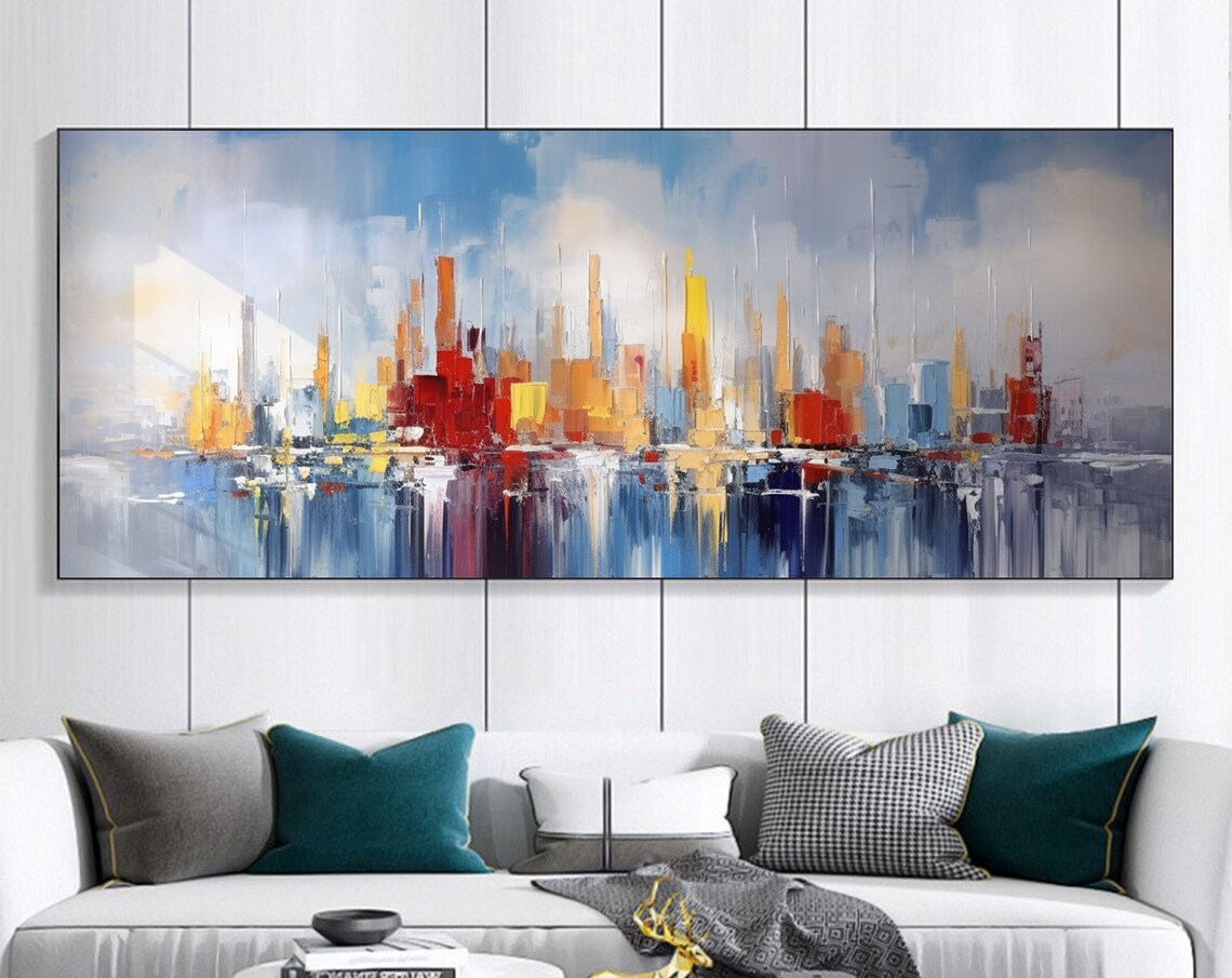 Red and Blue Abstract City Towers Water Reflection Art Poster - Image 7