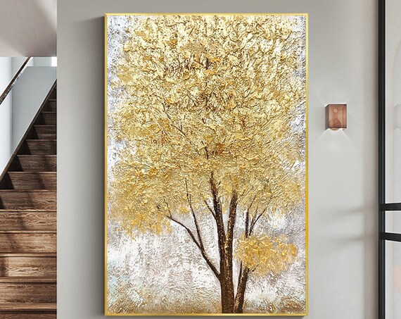Abstract Golden Tree Oil Painting On Large Wall Art Original Minimalist Art Custom Painting Gold Wall Decor Living Room Home Decor