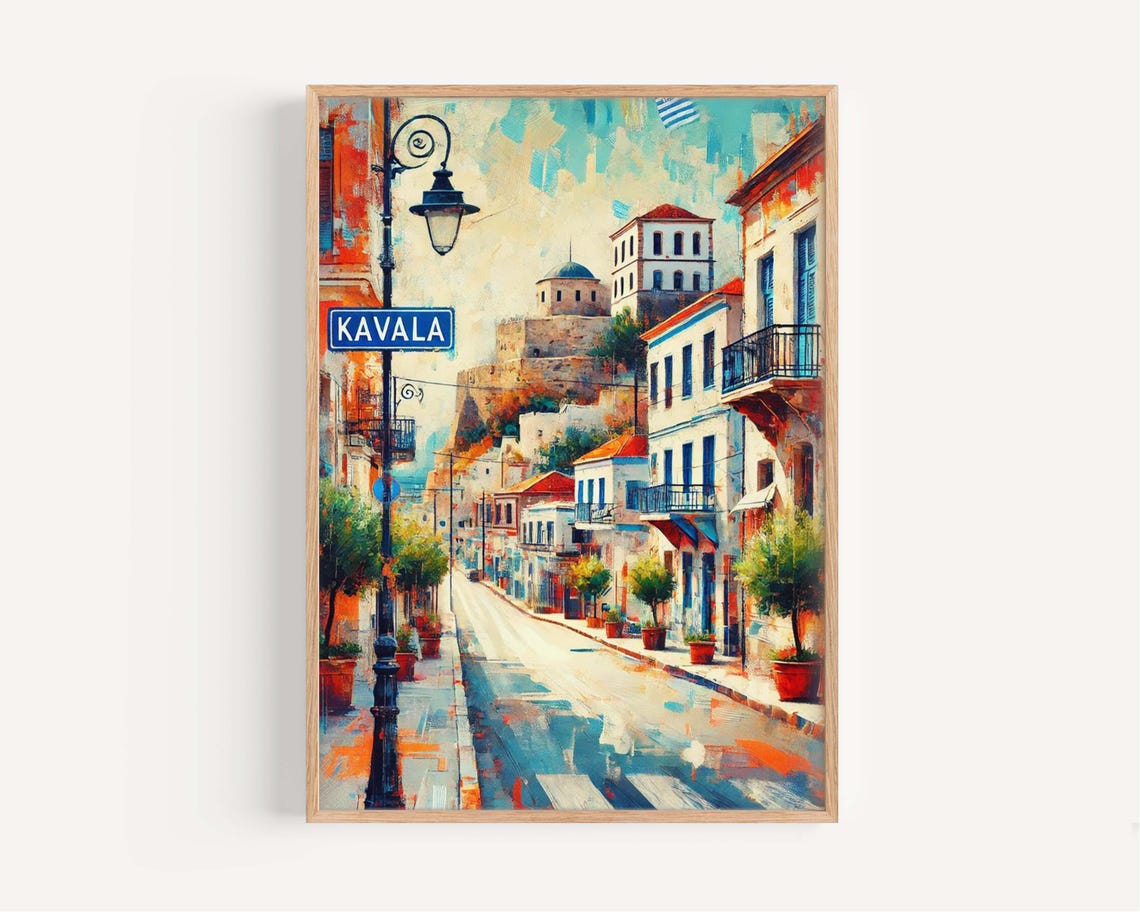 Kavala Greece Street Sign Sunlit Old Town Harbor Painting Art Poster