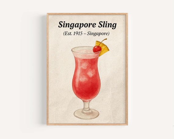 Singapore Sling 1915 Tropical Cocktail Recipe Vintage Bar Art Poster