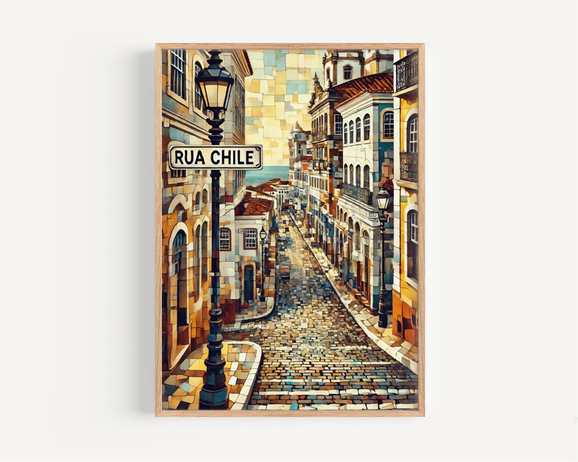 Rua Chile Salvador Colonial Street Mosaic Style Travel Art Poster