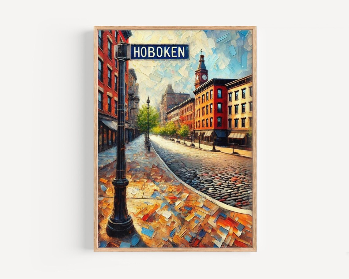 Hoboken New Jersey Painterly Cobblestone Street Scene Travel Poster