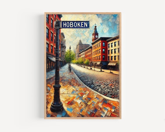 Hoboken New Jersey Painterly Cobblestone Street Scene Travel Poster