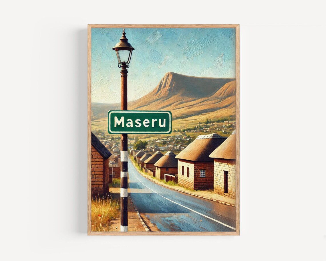 Maseru Lesotho Mountain Street Scene Vintage Travel Art Poster