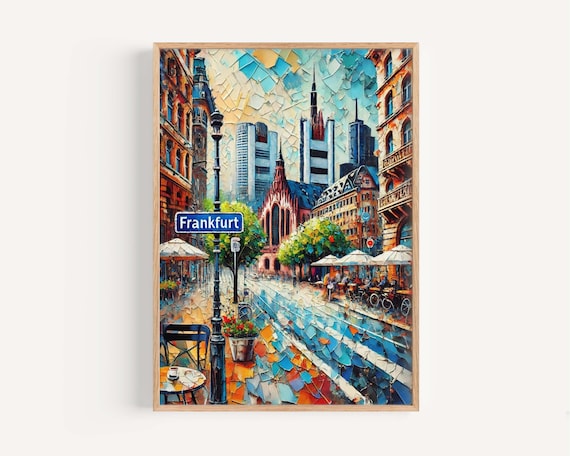 Frankfurt Germany Colorful Mosaic City Street With Cathedral View Poster