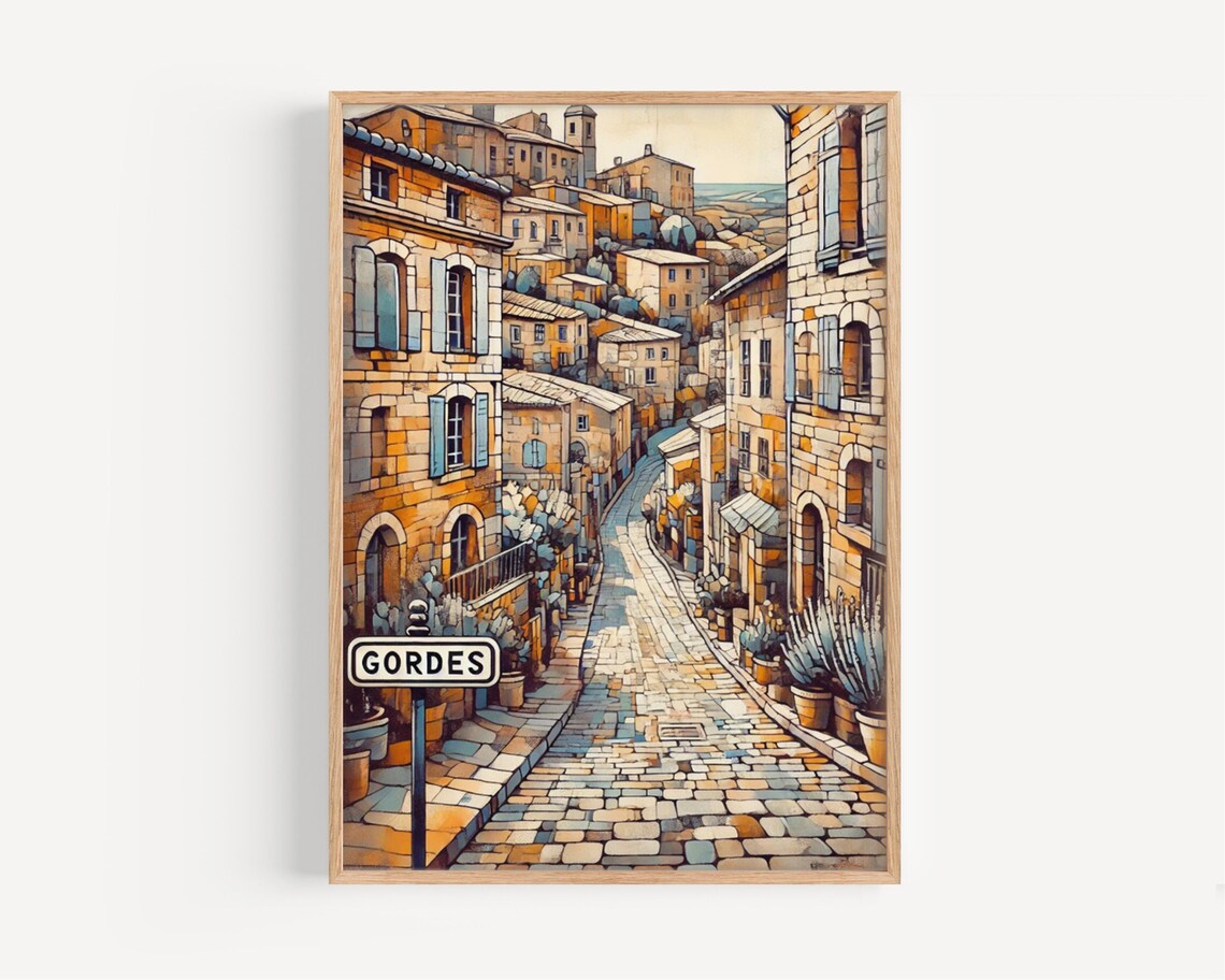 Gordes France Cobblestone Village Street Vintage Style Travel Poster