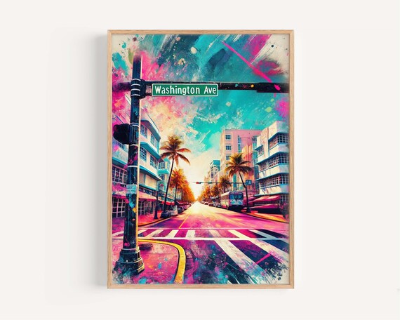 Washington Ave Miami Beach Art Deco Colorful Sunset Pop Art Poster