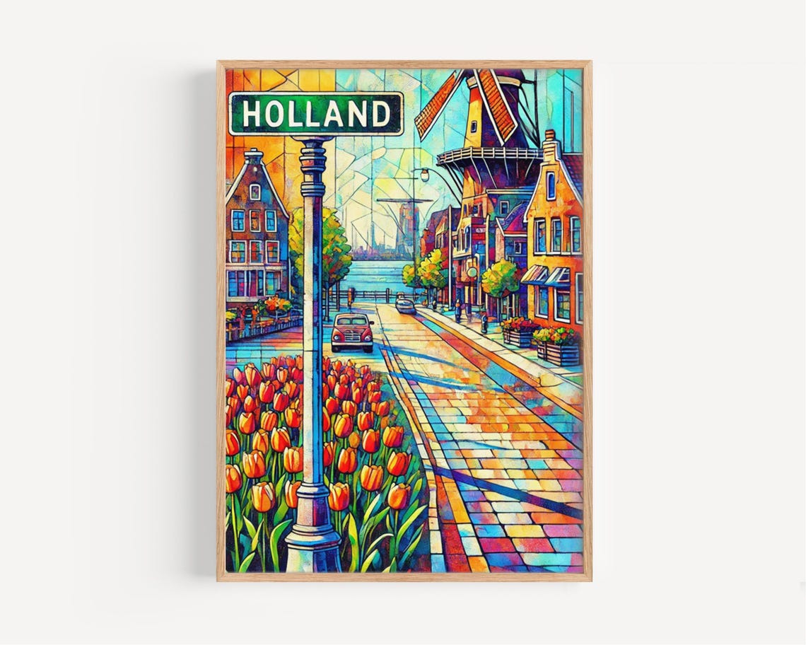 Holland Windmill Red Tulips Dutch Canal Street Travel Poster