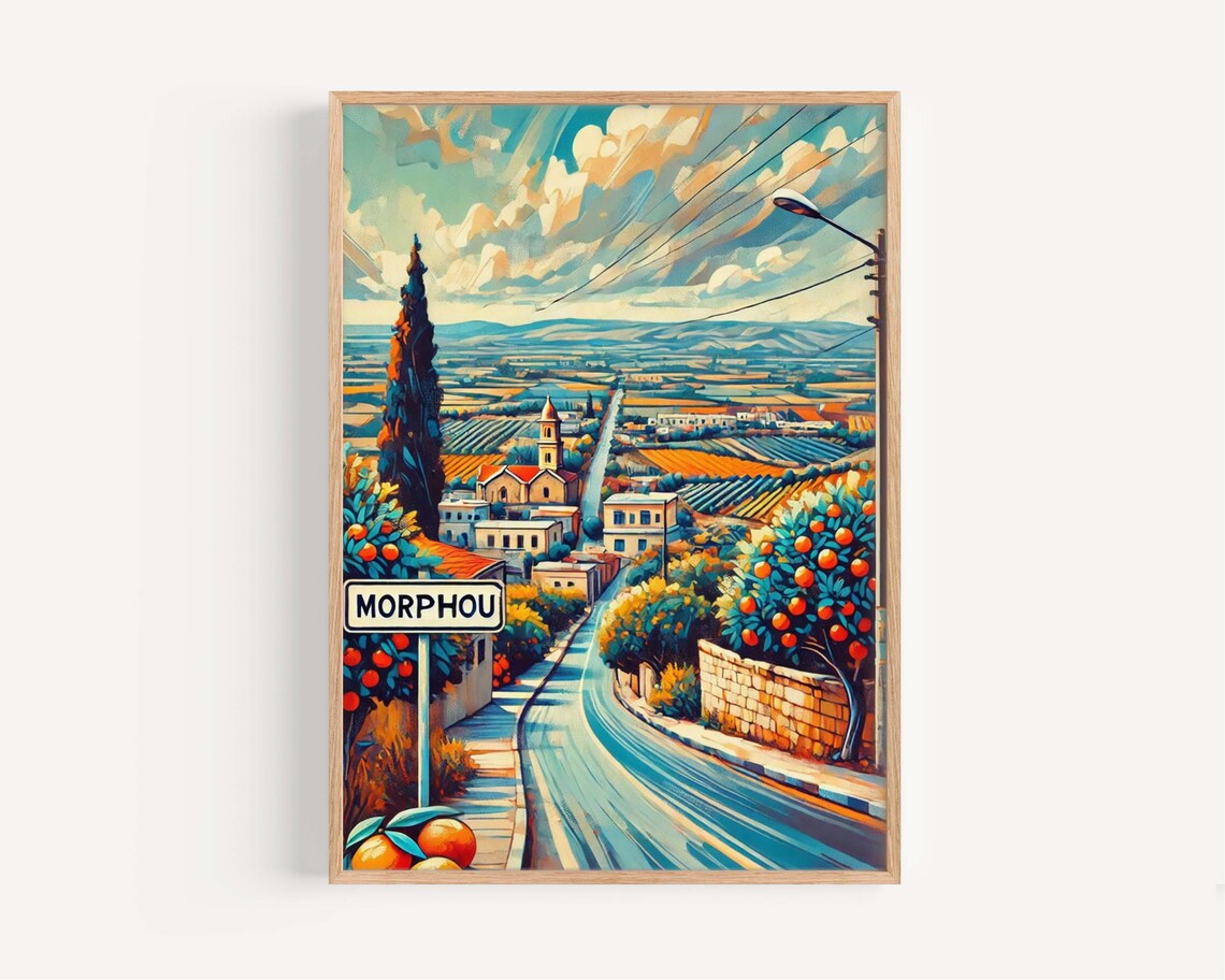 Morphou Cyprus Orange Grove Street Church Village Scene Poster