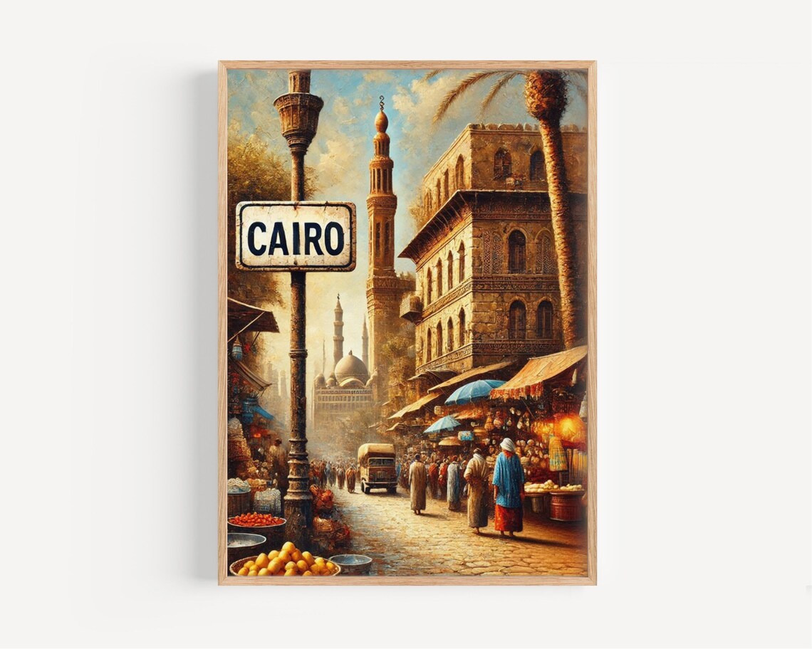 Vintage Cairo Egypt Old Bazaar Market Street Painting Travel Poster