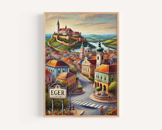 Eger Hungary Castle Hilltop Old Town Sunset Vintage Travel Poster