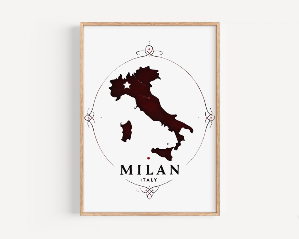 Milan Italy Deep Red Map in Ornate Circular Flourish Frame Poster