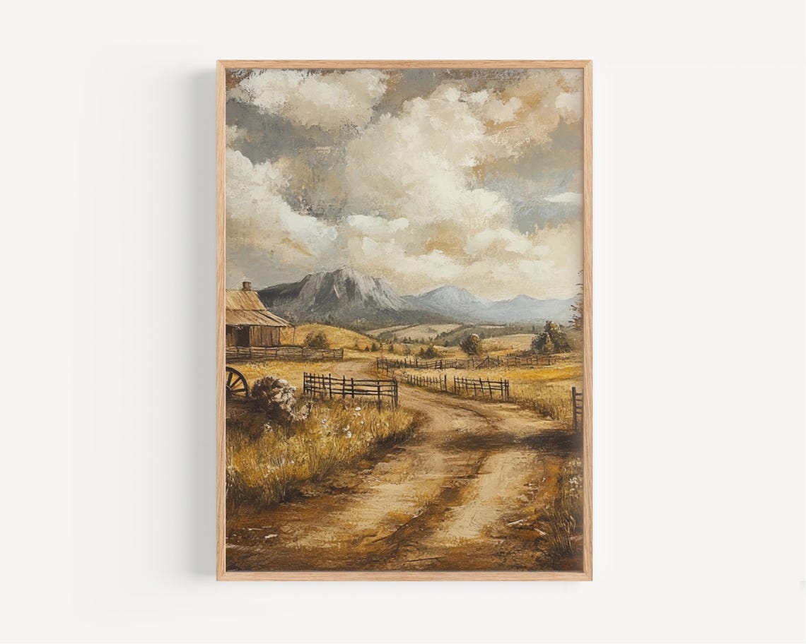 Rustic Country Farm Barn Dirt Road Mountain Landscape Painting Poster