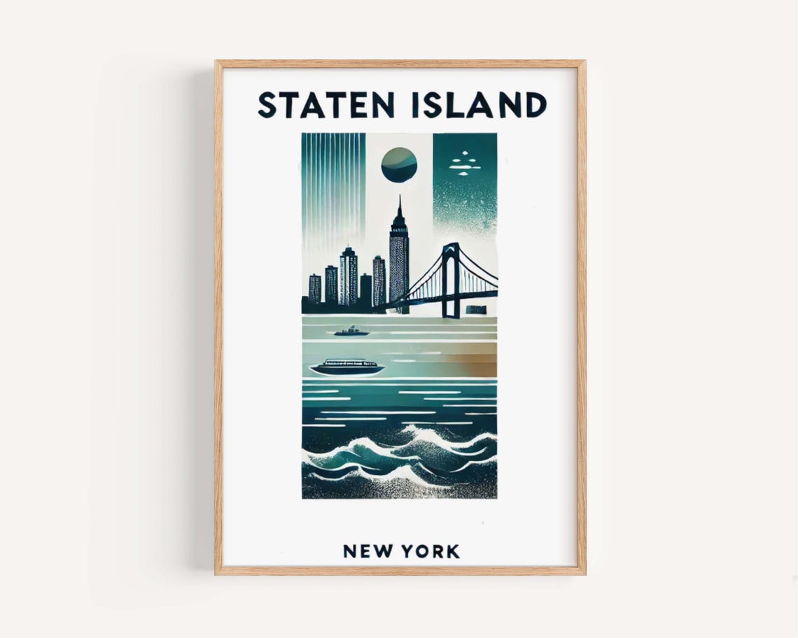 Staten Island New York Ferry Bridge Ocean Waves Retro Poster