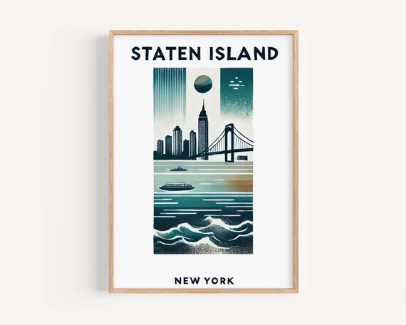 Staten Island New York Ferry Bridge Ocean Waves Retro Poster