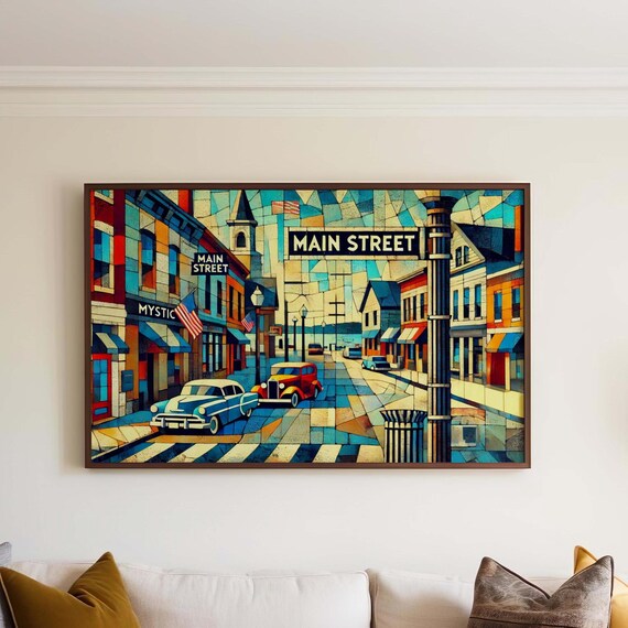 Mystic Connecticut Main Street Cubism Poster With Vintage Cars Americana