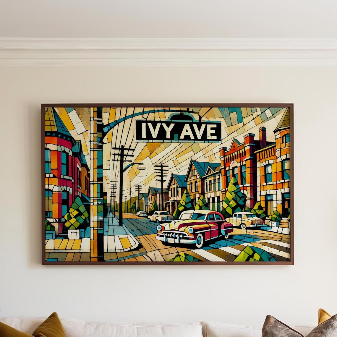 Ivy Avenue Vintage Cars Mosaic Cityscape Street Sign Decor Poster