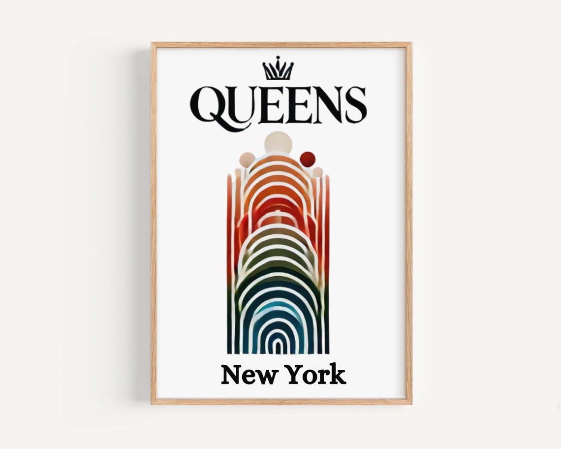 Queens New York Retro Rainbow Arches Crown Bold Graphic Poster