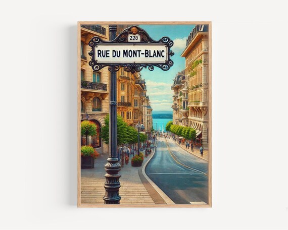 Rue du Mont-Blanc Geneva Vintage Street Scene Travel Poster Art