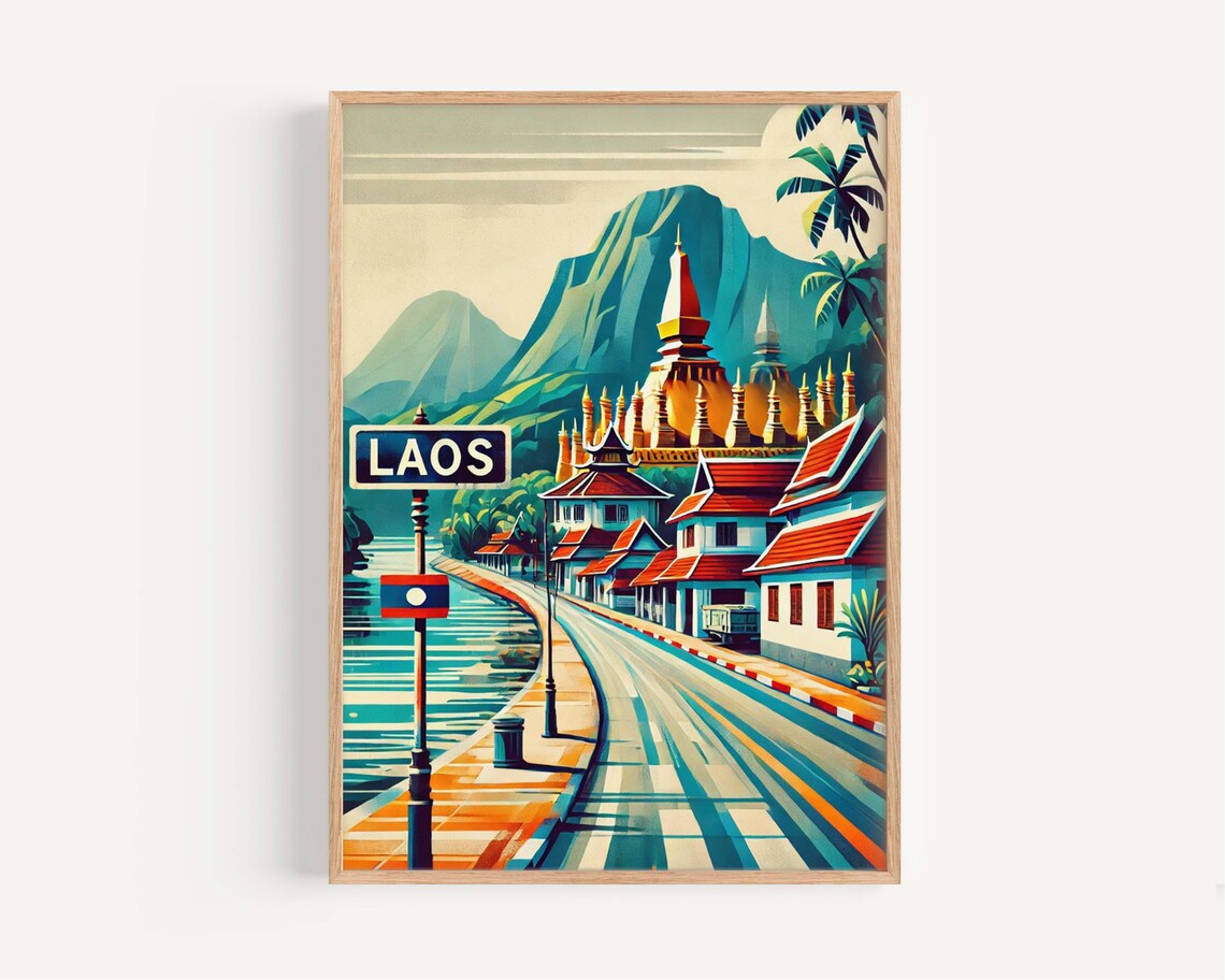 Laos Riverside Golden Stupa Temple Town Street View Art Poster