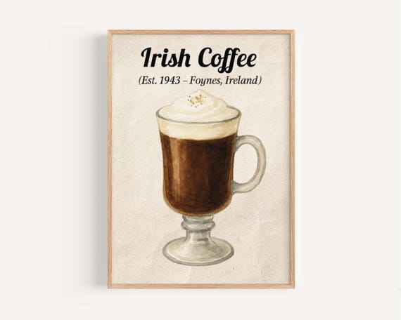 Vintage Irish Coffee Print Foynes Ireland Art Drink Lover Kitchen Decor