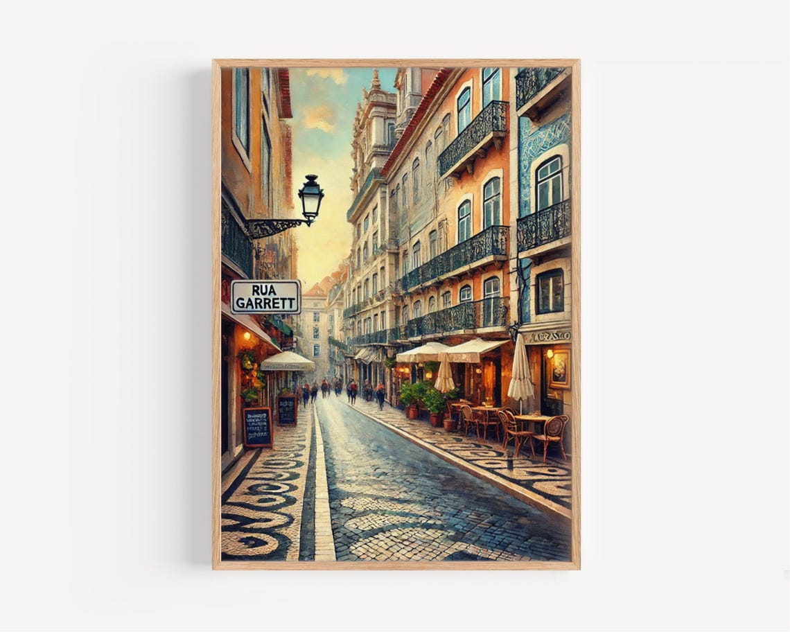 Lisbon Rua Garrett Golden Cobblestone Street Café Scene Poster