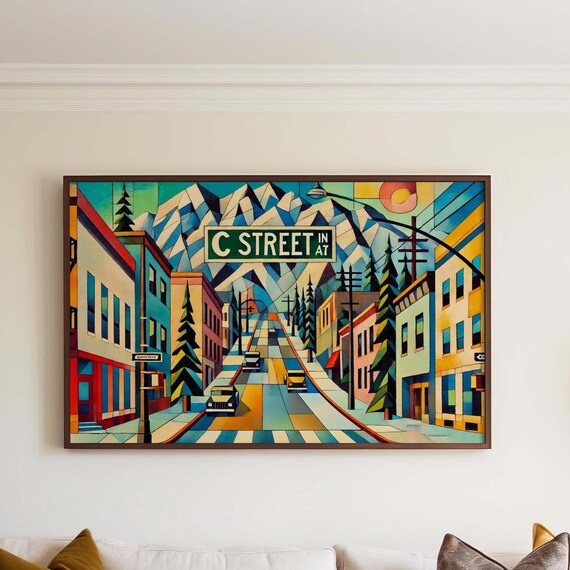 C Street Alaska Stylized Mountain Street Sign Vintage Travel Poster