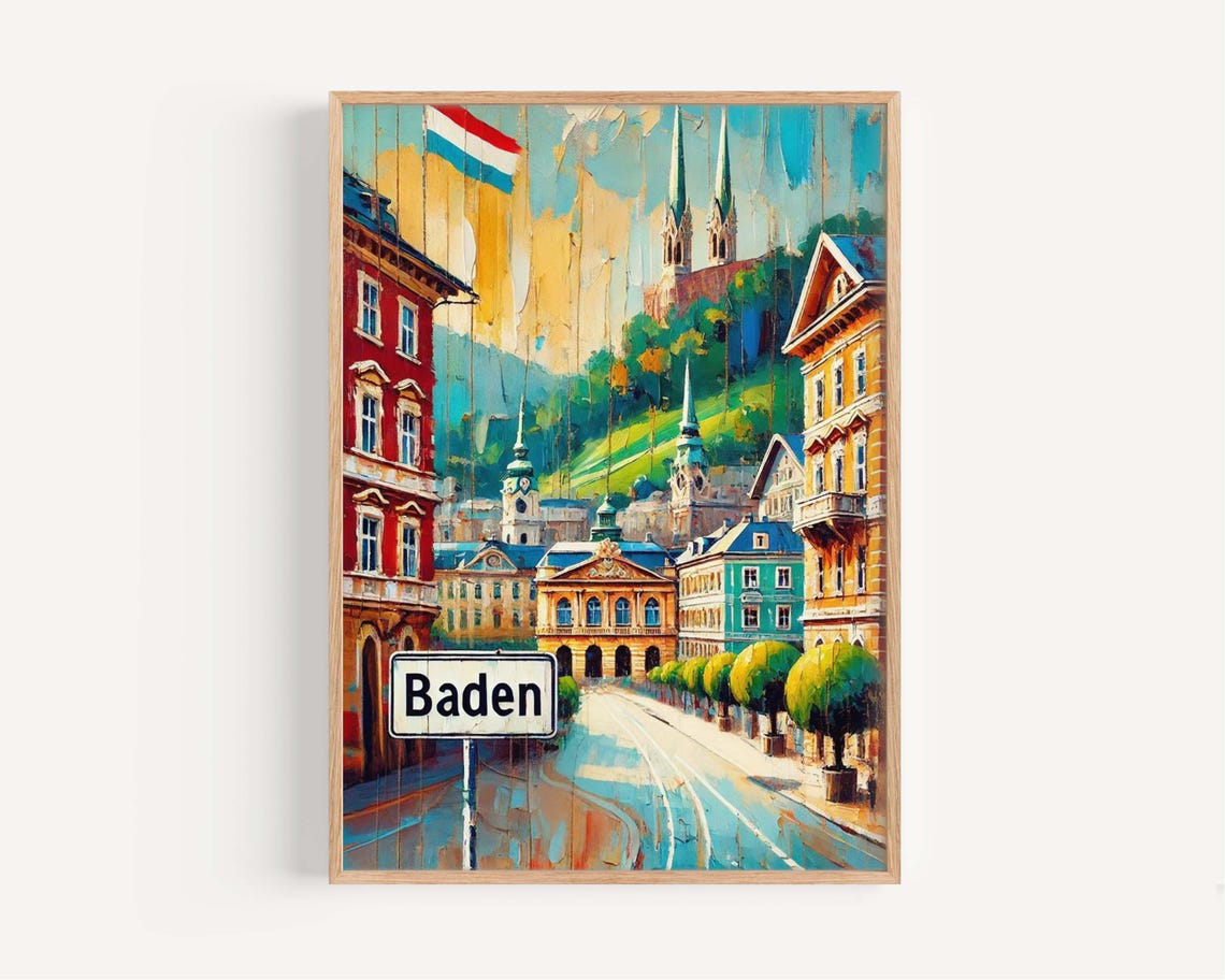 Baden Austria Baroque Old Town Hillside Street Scene Travel Poster
