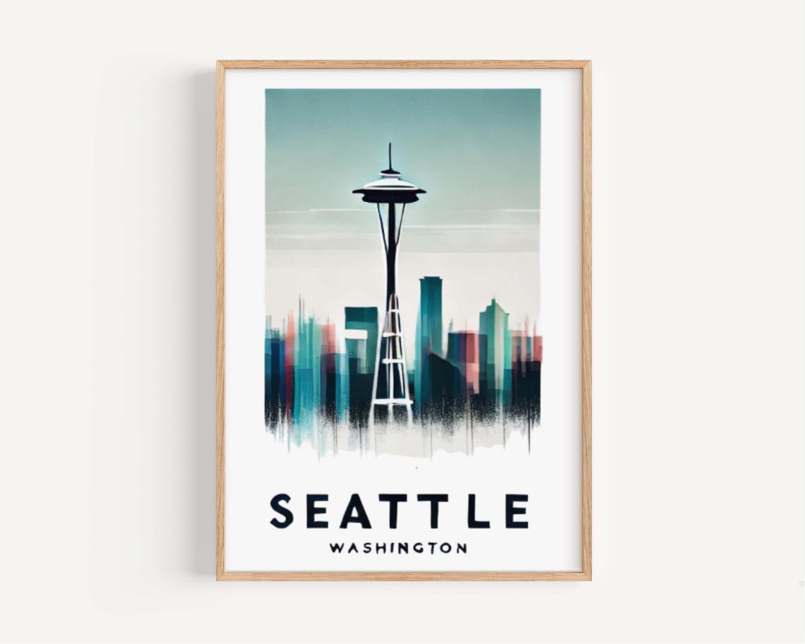 Seattle Washington Watercolor Space Needle Skyline Travel Poster