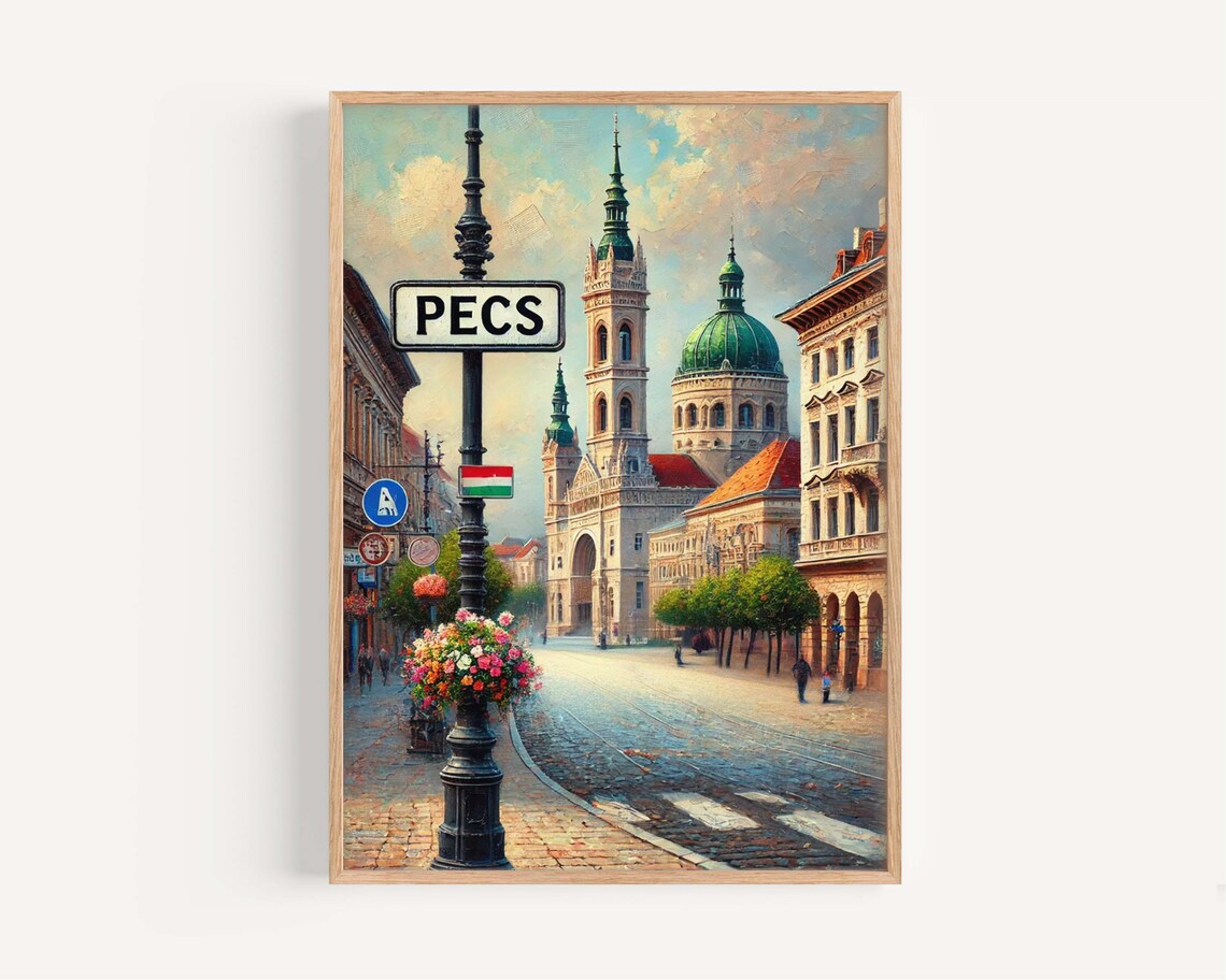 Pecs Hungary Cathedral Green Dome Plaza Street Sign Travel Poster