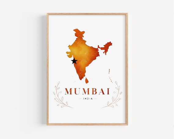 Vintage Mumbai India Sunset Orange Watercolor Map Travel Poster
