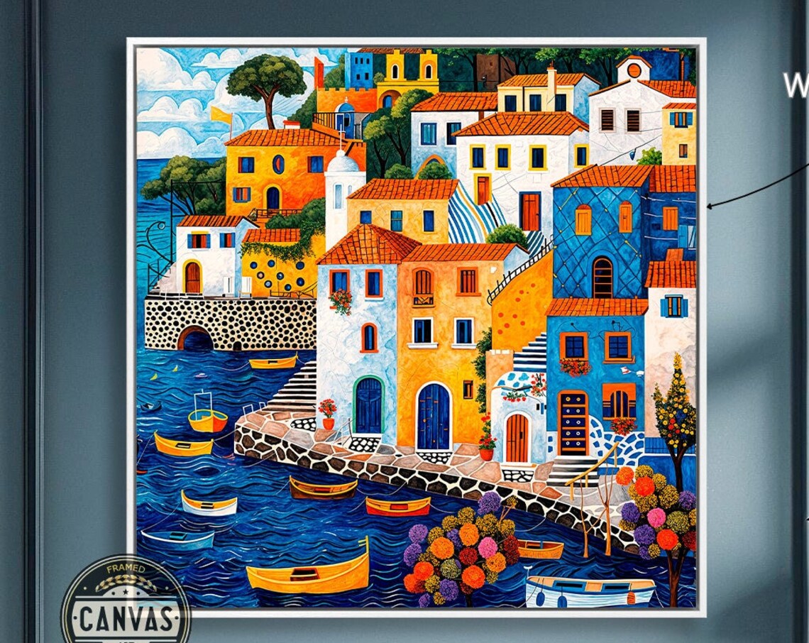 Mediterranean Village Art Print, Seaside Decor