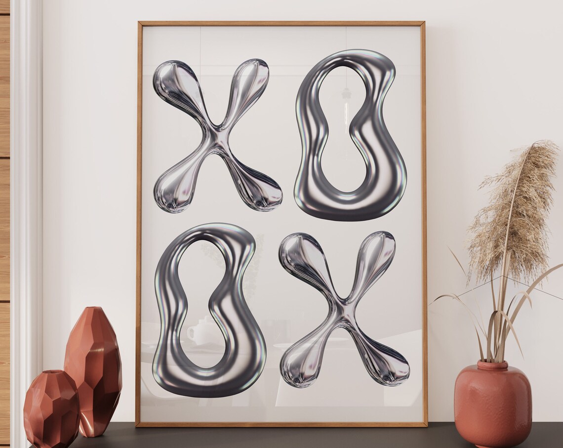 Chrome Liquid Metal XOXO Letters Trendy Y2K Funky Bedroom Wall Art