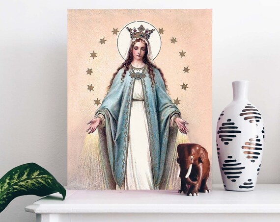 Virgin Mary Crowned With Stars Vintage Catholic Holy Card Art Poster