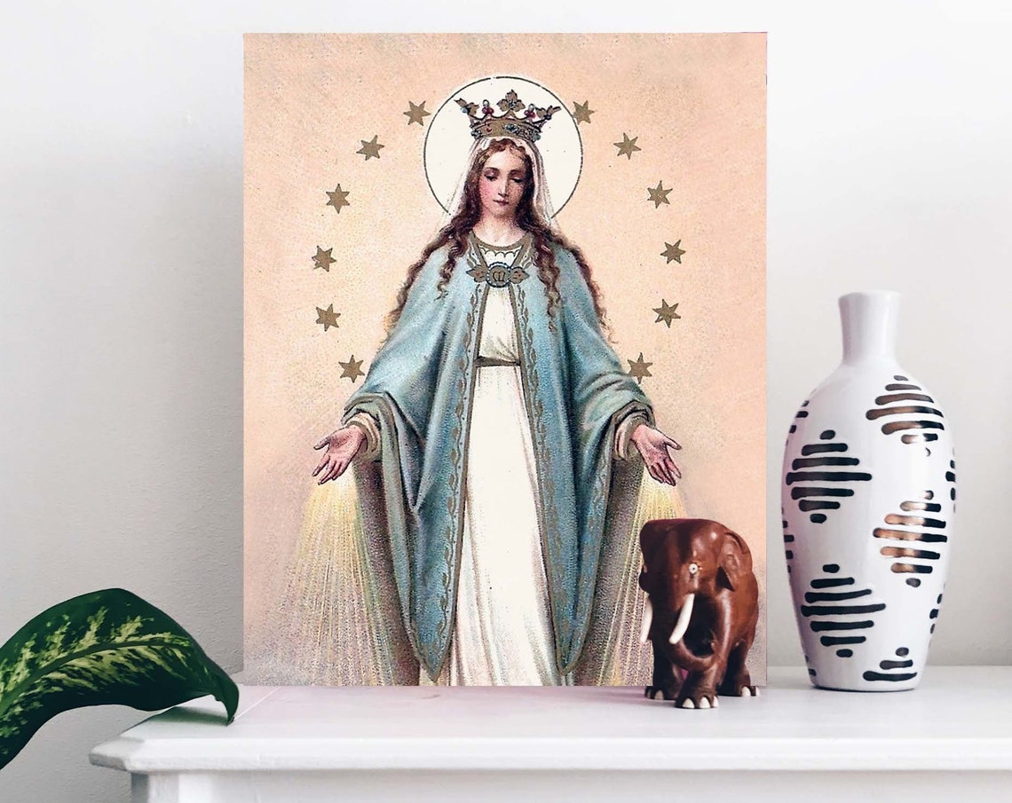 Virgin Mary Crowned With Stars Vintage Catholic Holy Card Art Poster