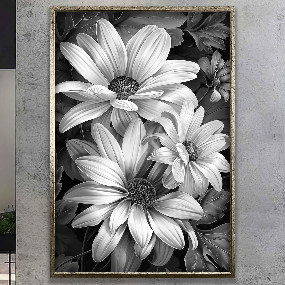 White Daisies Black and White Bold Floral Botanical Art Poster