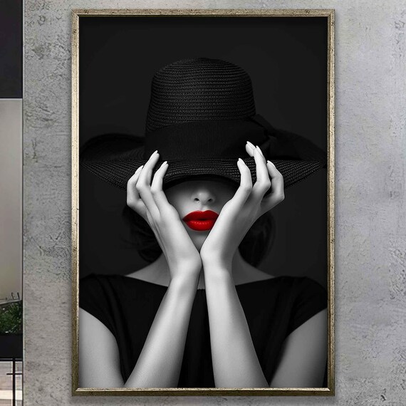Mysterious Woman in Black Hat with Red Lips Fashion Art Poster