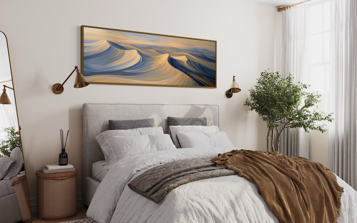 Abstract Desert Sand Dunes Sunset Waves Golden Blue Panoramic Print - Image 2
