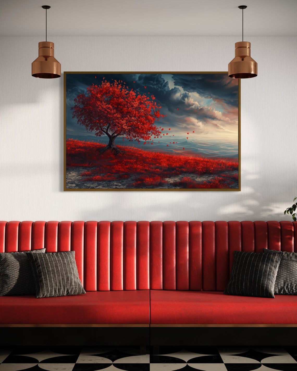 Dramatic Red Tree Stormy Dark Sky Falling Leaves Panoramic Print - Image 2