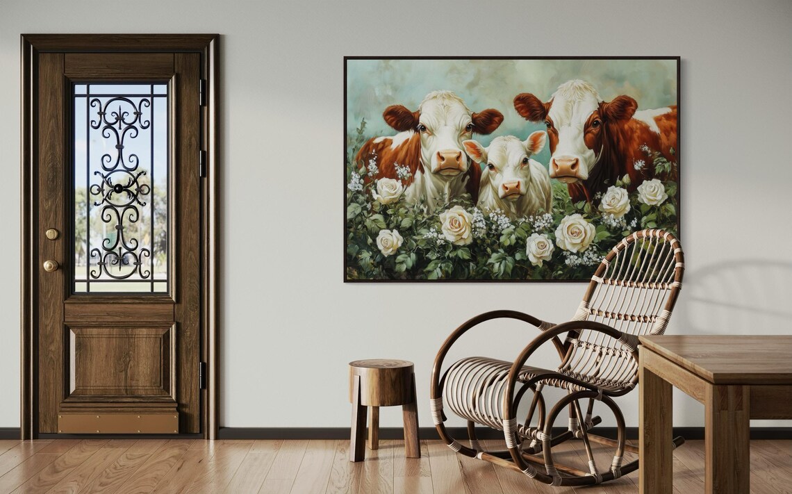 Cow Family Portrait White Roses Whimsical Farmhouse Floral Art Poster - Image 3