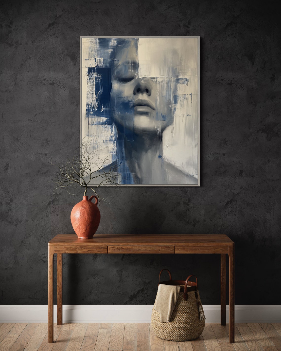 Abstract Blue Female Face Portrait Moody Modern Wall Art Print - Image 4
