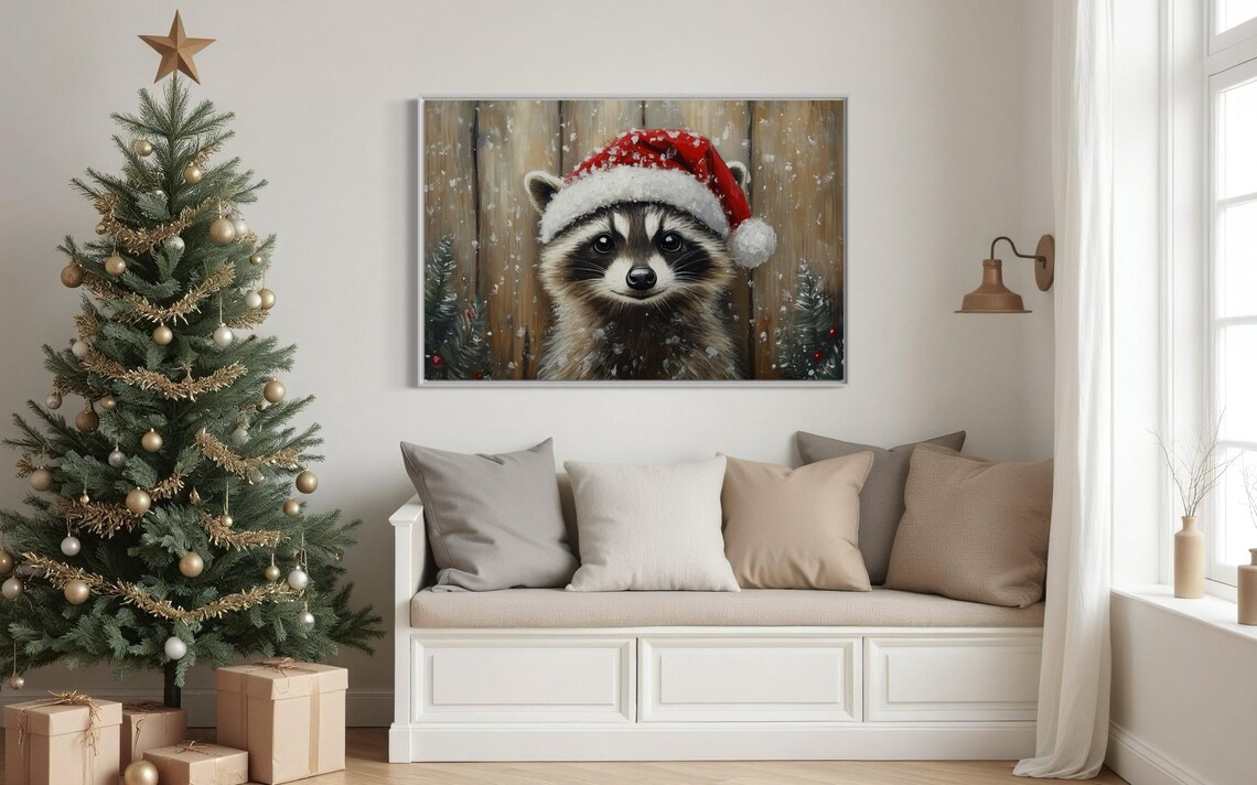 Cute Raccoon Santa Hat Snowy Woodland Christmas Wildlife Poster - Image 3