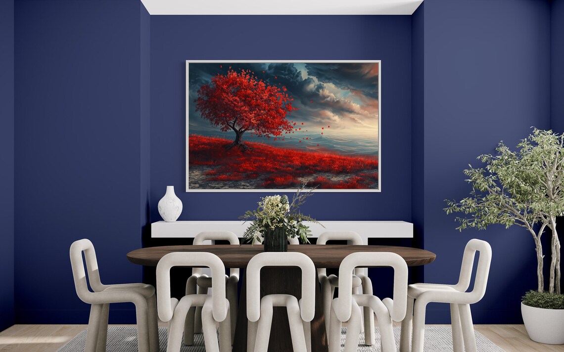 Dramatic Red Tree Dramatic Sky And Surreal Panoramic Landscape Print Beautiful Wall Art For Accent And Coquette Room Decor - Image 4