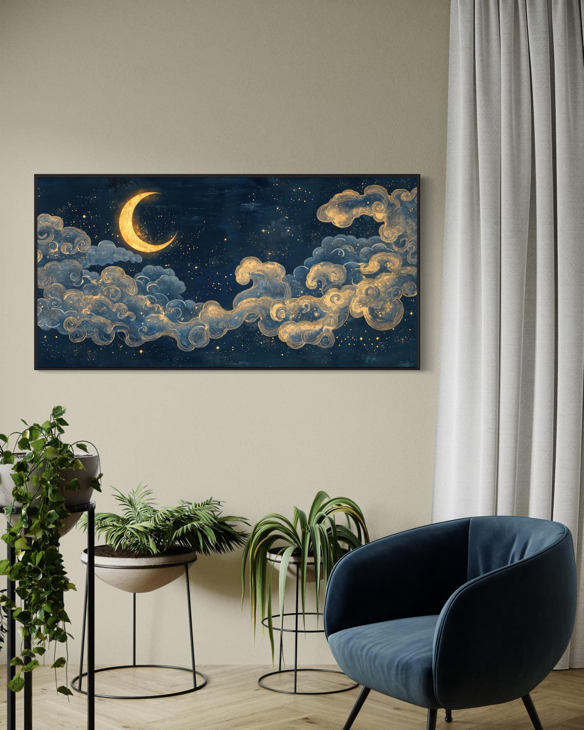 Dreamy Starry Night Crescent Moon Print Atmospheric Panoramic Wall Art For Celestial Decor Deep Blue Ethereal Sky Painting Print - Image 3
