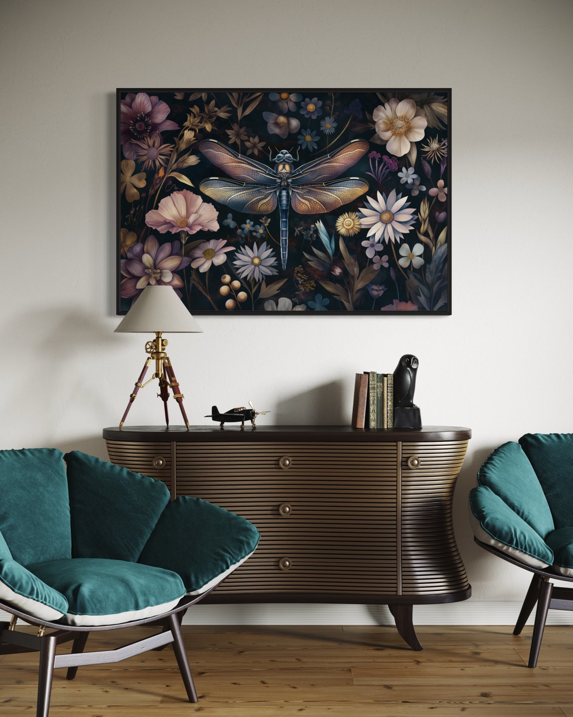 Whimsical Dragonfly On Dark Floral Botanical Moody Art Poster - Image 4