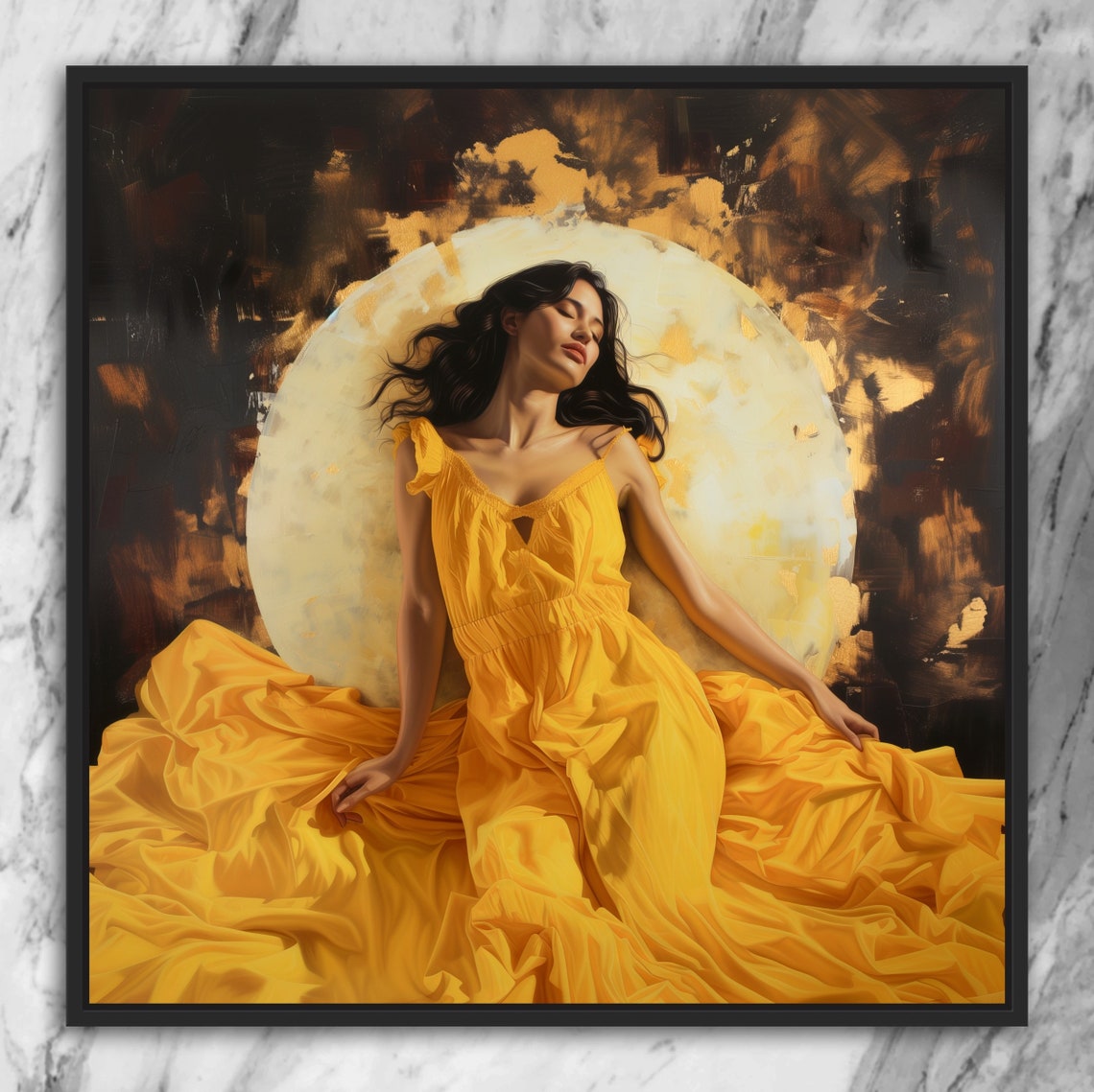 Ethereal Lady In Yellow Dress Against Glowing Full Moon Art Poster - Image 3