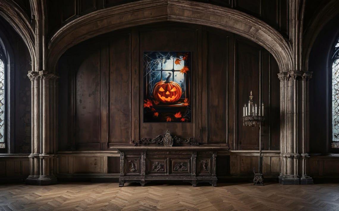 Spooky Jack O Lantern Window Cobwebs Autumn Leaves Halloween Art Print - Image 4
