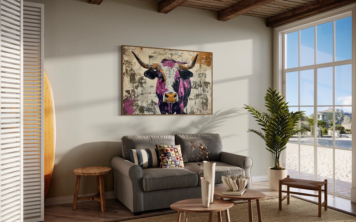 Colorful Longhorn Cow Portrait Rustic Charm Earth Tone Art Poster - Image 2