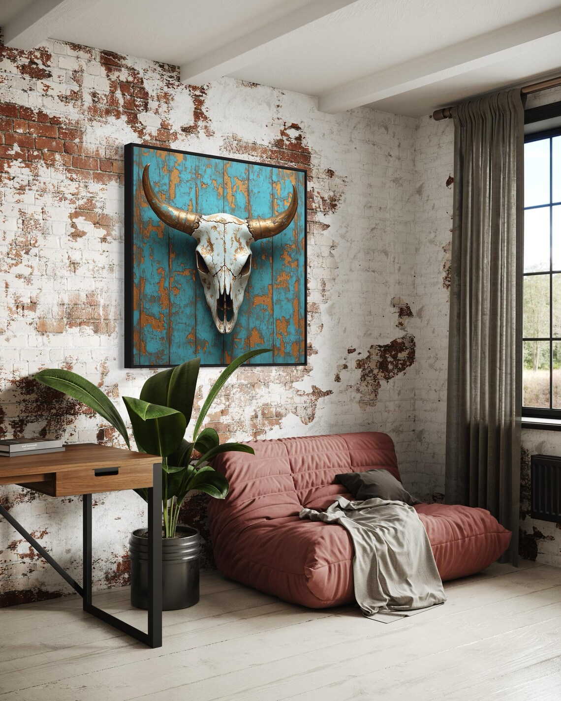 Rustic Bull Skull Gold Horns Turquoise Distressed Wood Southwest Art Print - Image 5